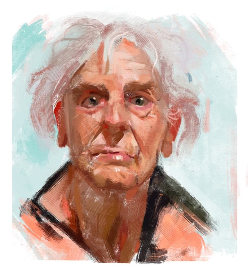 O retrato de um senhor de cabelo branco, em aquarela