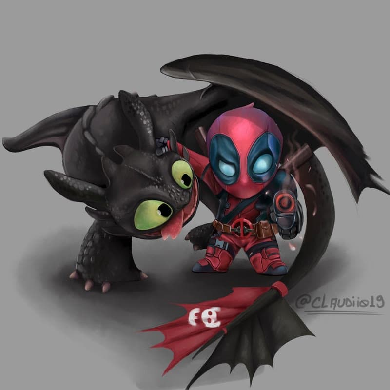 Dois personagens juntos: um dragão preto de olhos verdes e um herói de vermelho